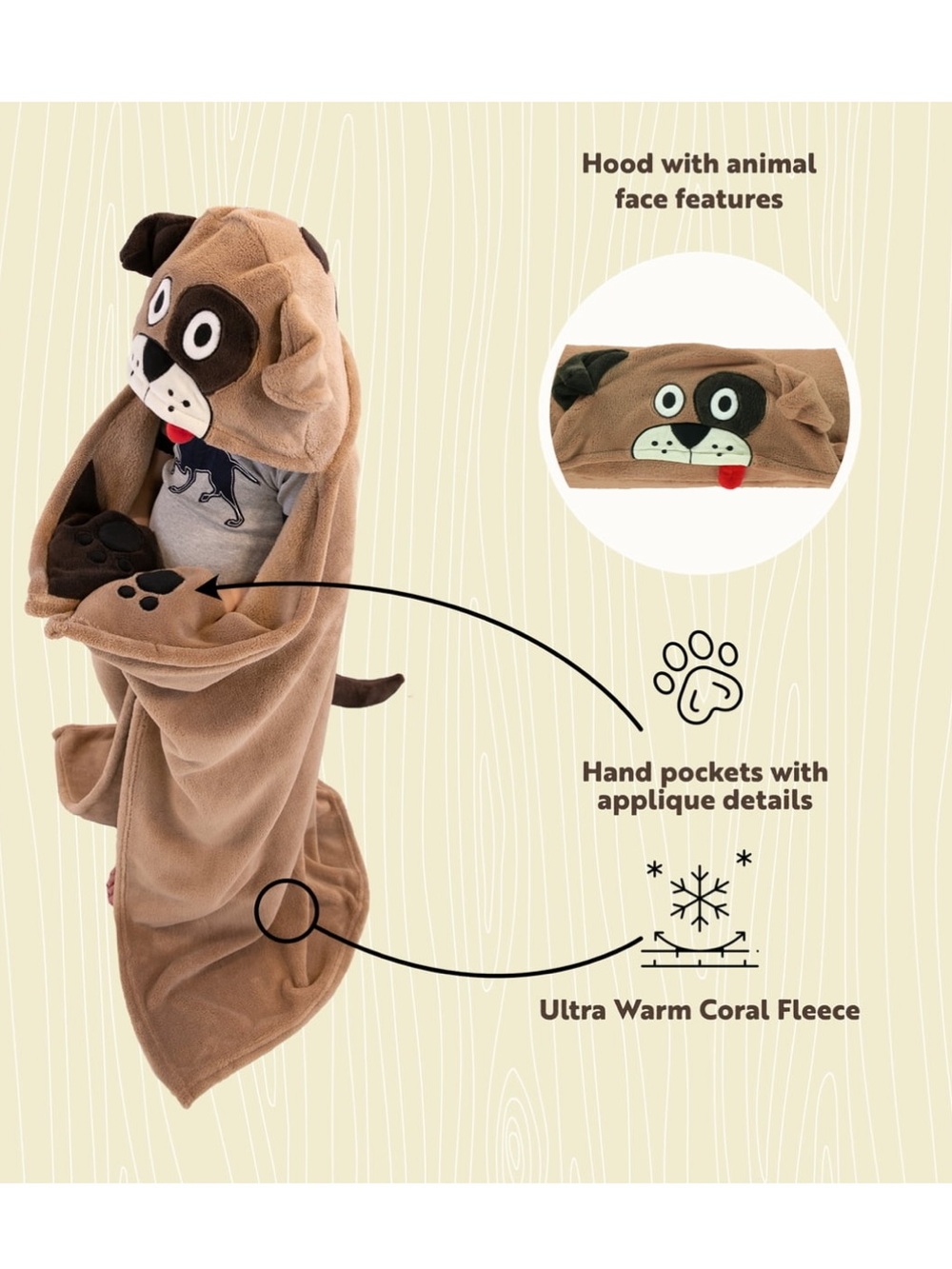 Lazy One Wearable Hooded Blanket For Kids Dog Tan Soft 40x50